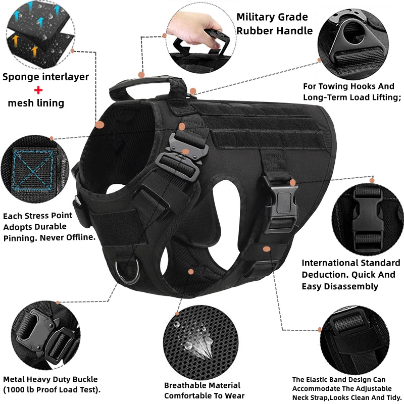 Tactical No-Pull Dog Harness with Quick-Release Metal Buckles, Reinforced Front & Back D-Rings, Hook & Loop Panels, Adjustable Straps, Reflective Strips, & Top Handle