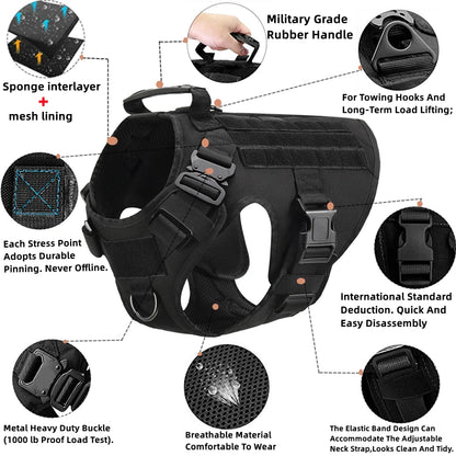 Tactical No-Pull Dog Harness with Quick-Release Metal Buckles, Reinforced Front & Back D-Rings, Hook & Loop Panels, Adjustable Straps, Reflective Strips, & Top Handle