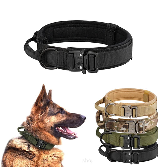 Metal-Buckle Tactical K9 Dog Collar With Hook & Loop Panel & Top Handle